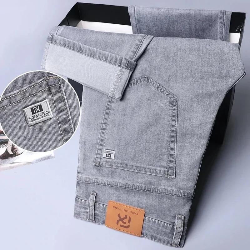 Sommer Herrenjeans aus weichem Lyocell-Stoff, dünne, lockere, gerade Hose mit Kordelzug, elastische Taille, koreanische Freizeithose in Übergröße