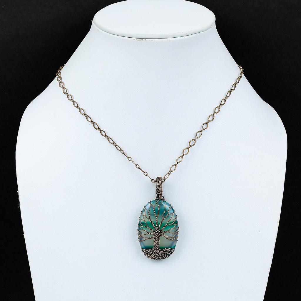 Tree Of Life Banded Agate Gemstone Pure Copper Wire Wrapped Handmade Pendant Jewelry For Her
