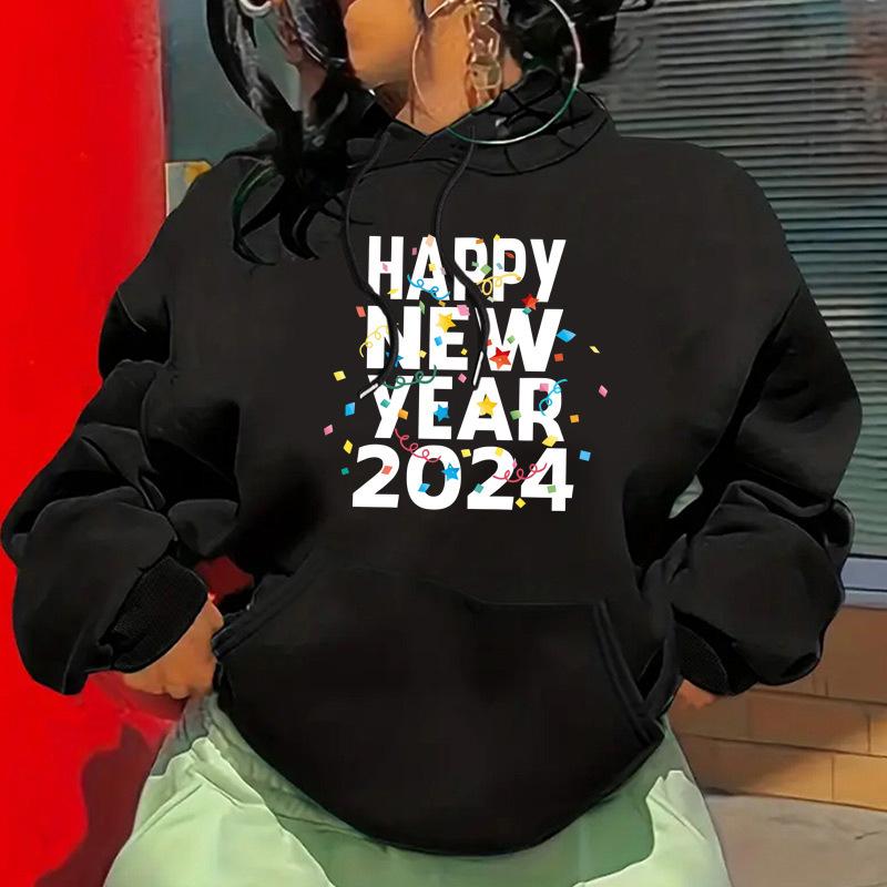 Herbst und Winter Frohes Neues Jahr Bedruckter Schulterärmel Fleece Kapuzenpullover Damen