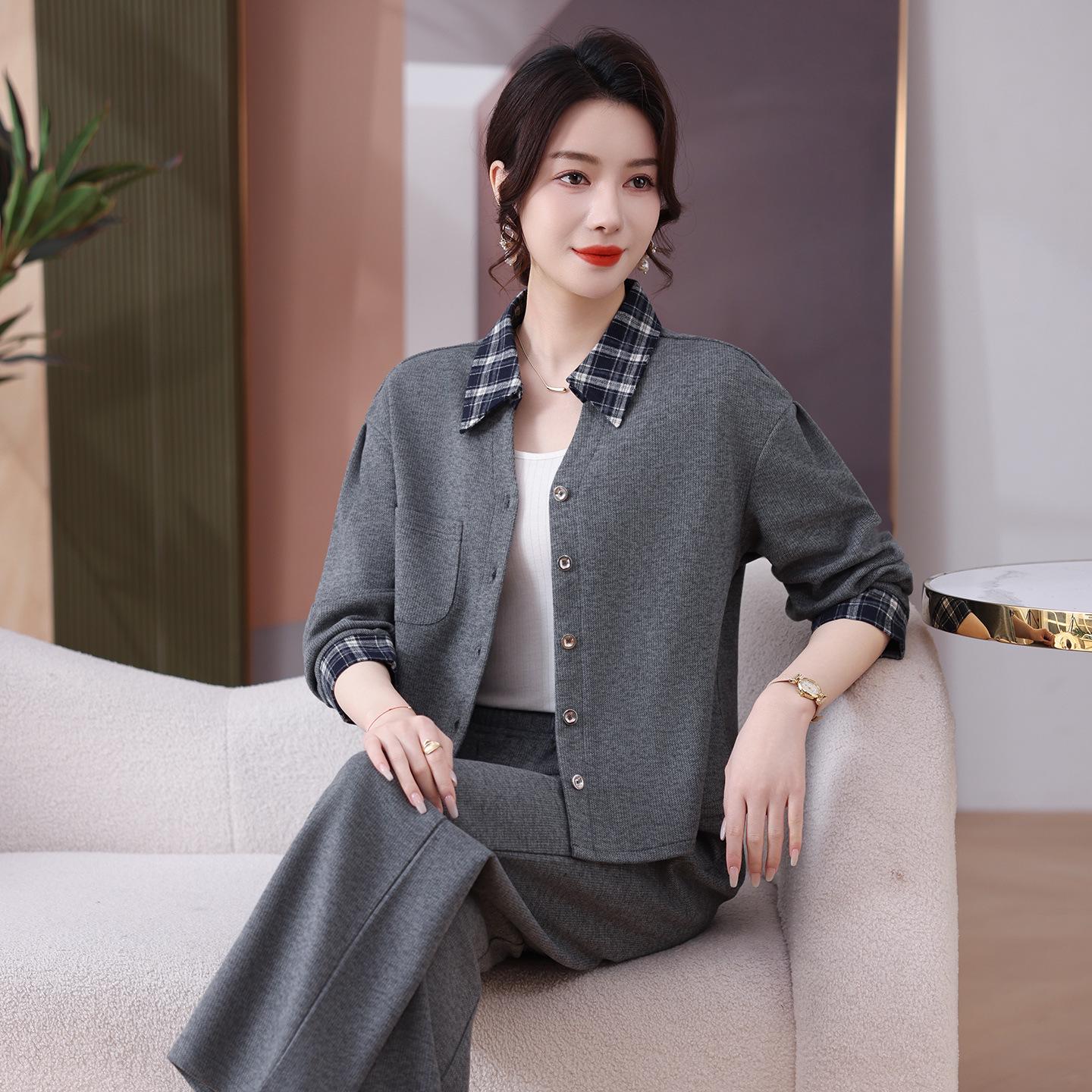 

Women s Plaid Patchwork Lapel Sportswear Set: Spring 2026 Two-Piece with Straight Leg Pants 4XL