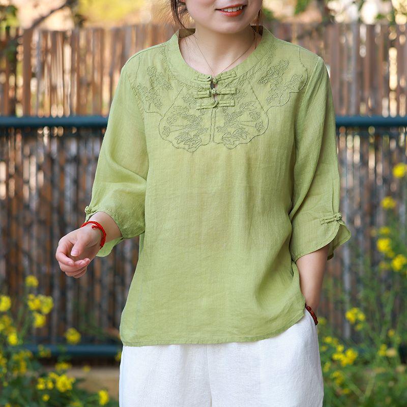 Blusa de Lino y Algodón para Mujer, Estilo Chino, Botón de Rana, Bordado Floral, Manga Tres Cuartos