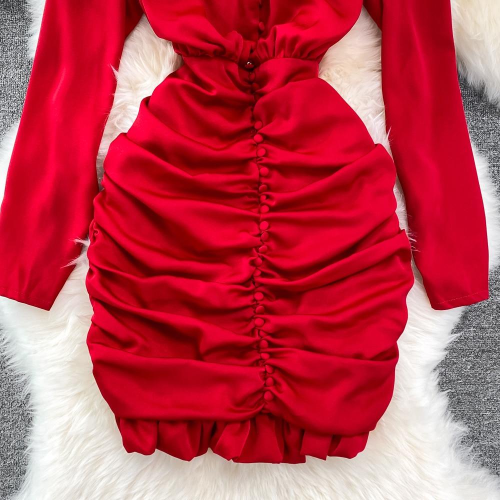 RUGOD High Quality Sexy V-neck Dress Spring 2025 New Slim Slim Pleated Ruffle Hip Wrap Short Dress Single-breasted