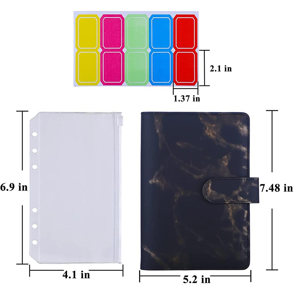 

Marble Pattern A6 PU Leather Binder Magnetic Clasp 6 Rings Binder Cover Notebook with 12 PVC Pockets and 2 Random Color Label Stickers Black