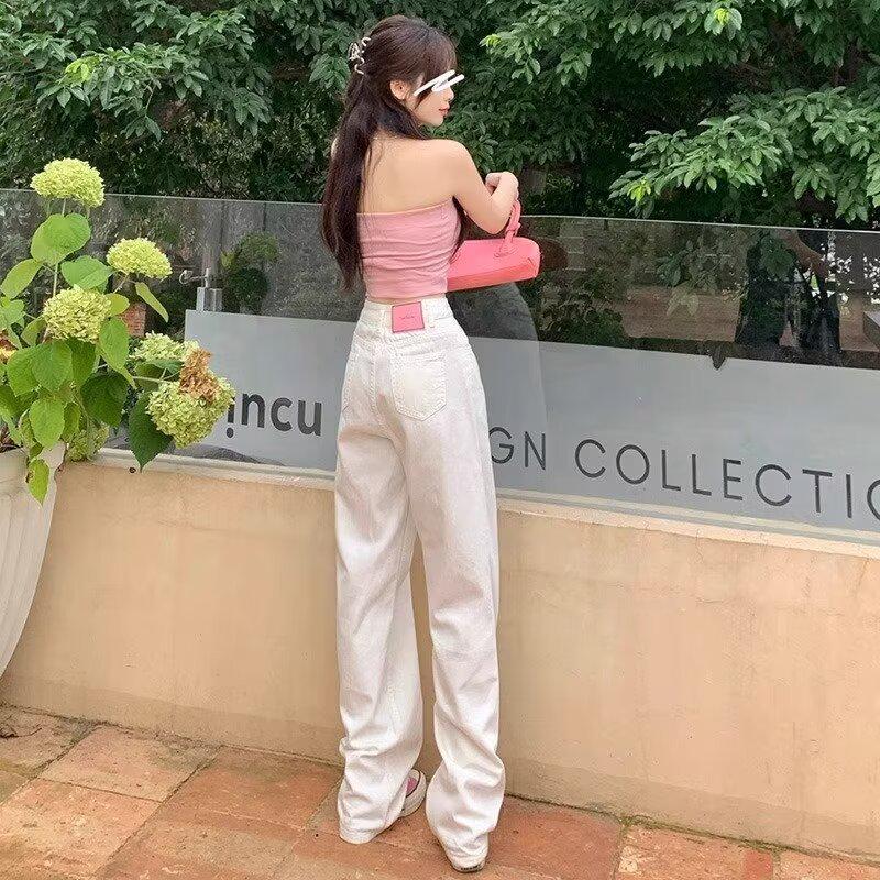 Women's High-Waisted White Wide-Leg Jeans - Summer 2025 Slimming Straight-Leg Petite Floor-Length Pants