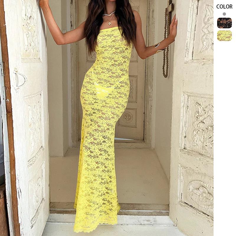 Women's summer hot-selling sexy lace splicing strap backless long slim tube top dress women