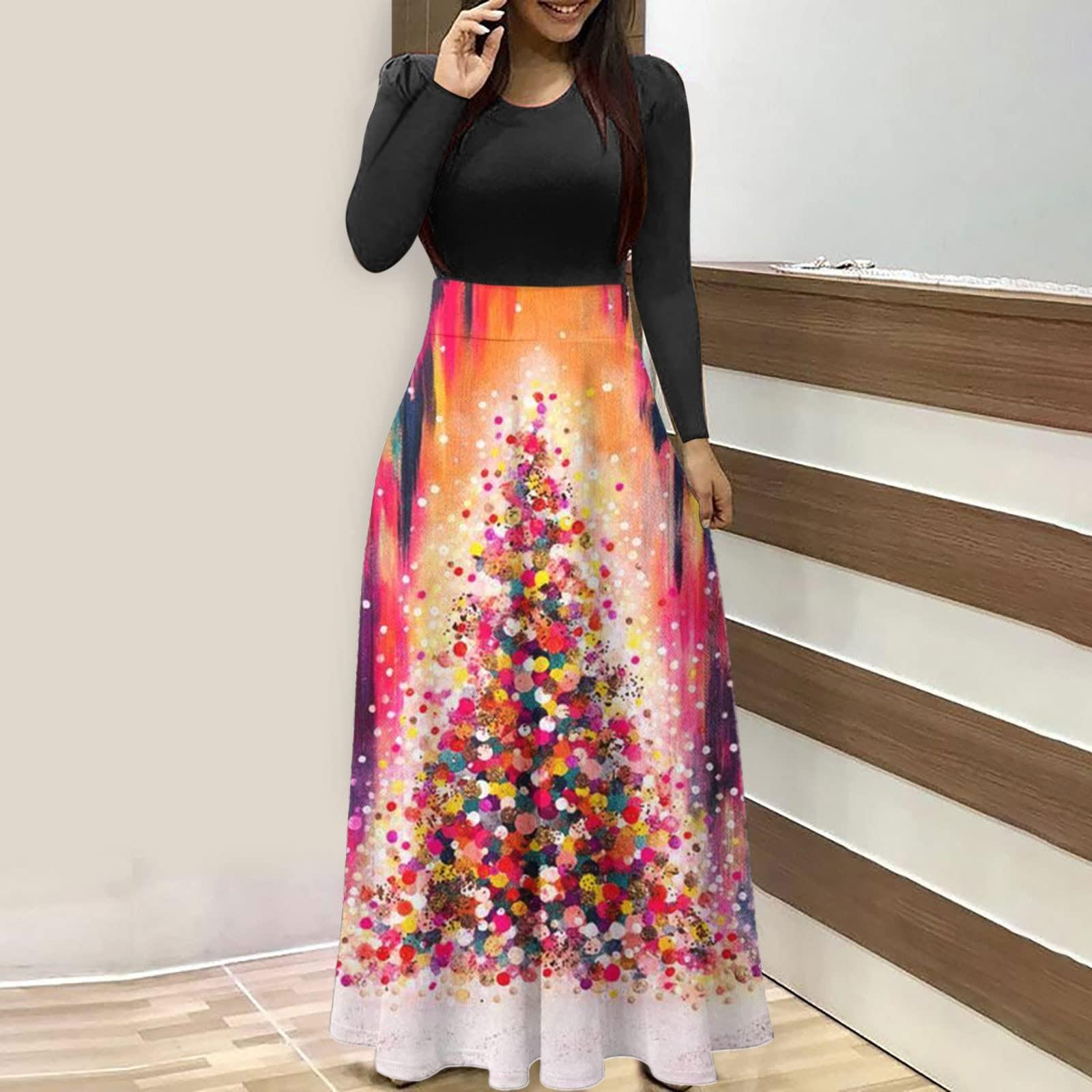 

Женская мода, повседневные рождественские принты с круглым вырезом и короткими рукавами, длинные платья большого размера XXL оранжевый