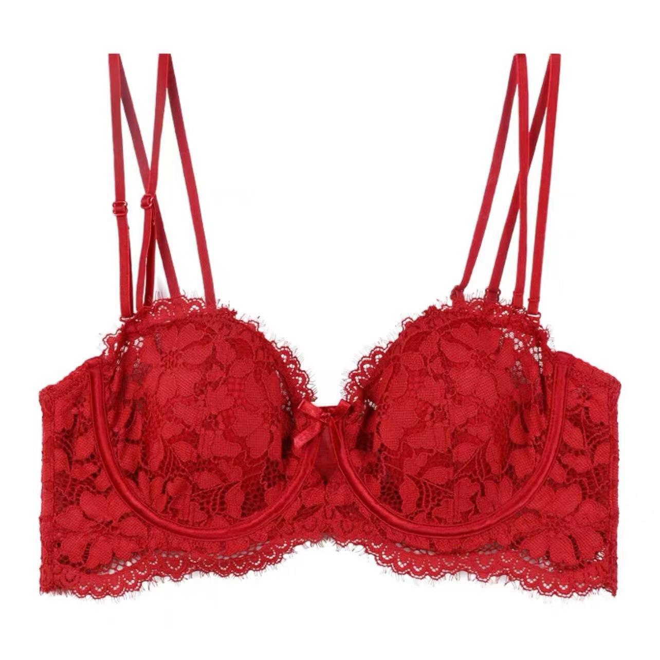 

French large breasts show small underwear women s thin soft steel ring half cup bra large breasts show small anti-sagging bra bra 85D червоний