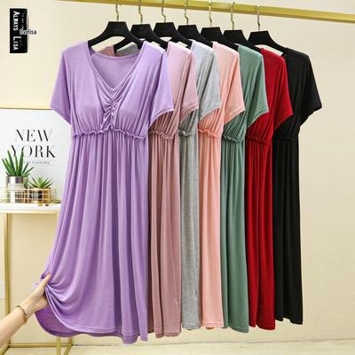 Dames Zomer Modal Losse V-Hals Nachthemd - Korte Mouw, Bh-Vrij, Grote Maat Pyjama