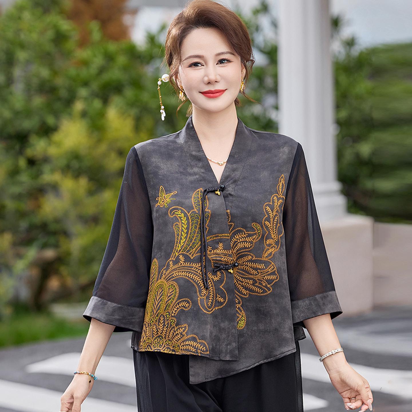 

2026 Chinese Style Summer Embroidered Shirt Set for Middle-aged and Elderly Women XL (Suggested for up to 105 catties)