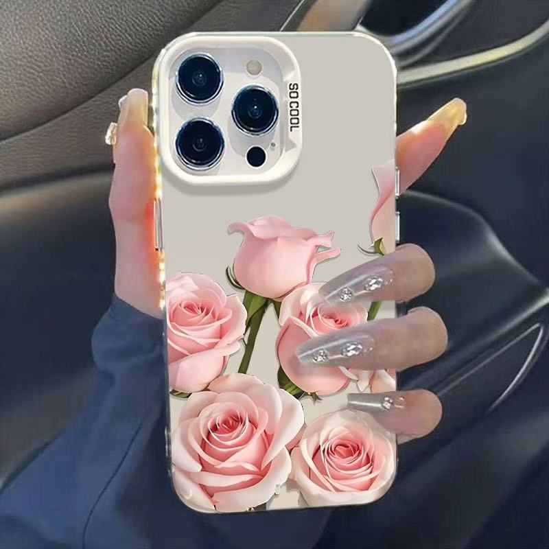 Pink rose flower case suitable for Apple 15 Pro Max, iPhone 16, beautiful 1413, fresh and simple 17