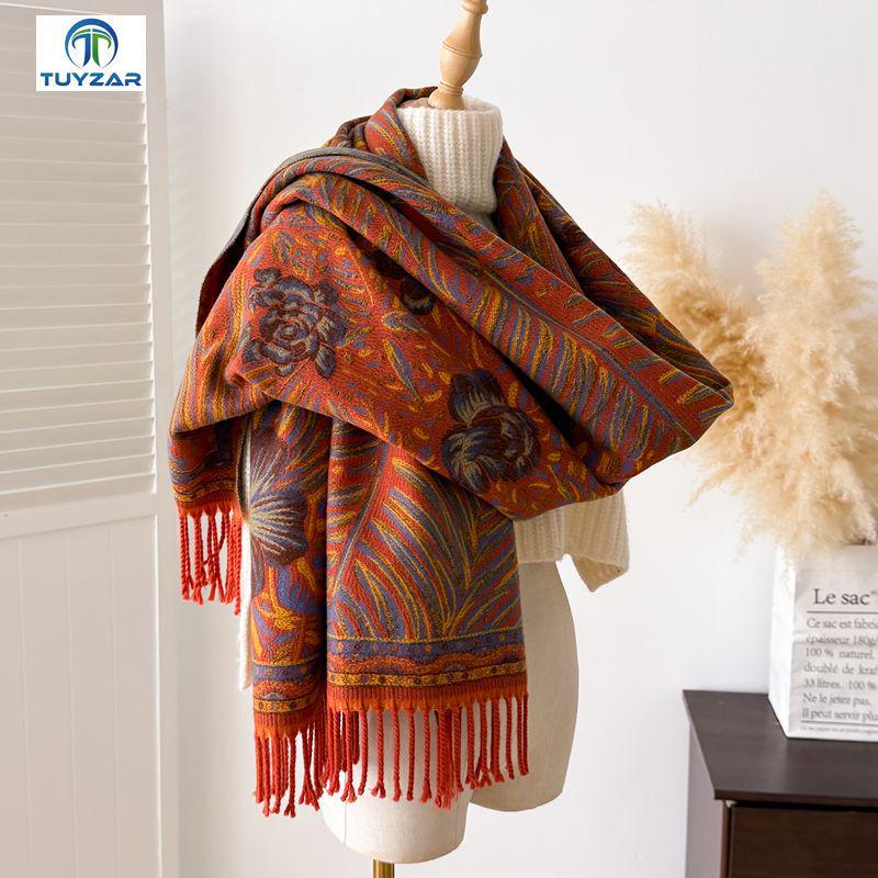 Women's Ethnic Style Double-Sided Jacquard Scarf, 2025 Autumn/Winter Collection: Thick, Warm, Soft Imitation Cashmere Long Snood Shawl.