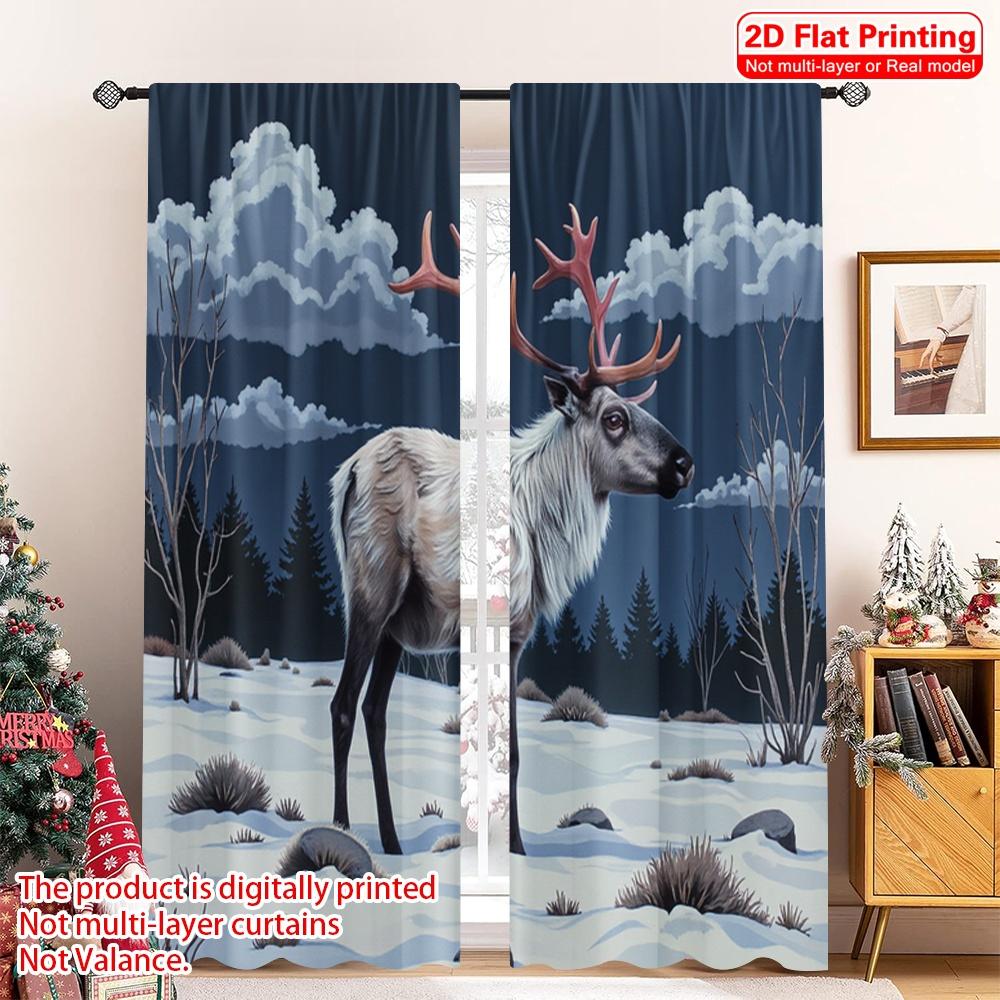 

2pcs 2D flat printing Merry Christmas Popular Window Drapes Reindeer Winter Forest 100% Polyester Fabric Without Electricity 52.50×116.00 CM 2pcs
