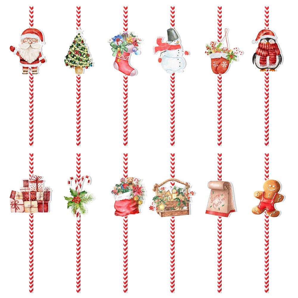 Christmas Party Decoration 24Pcs Snowman Water Cup Drink Disposable Decoration Straw Supplies