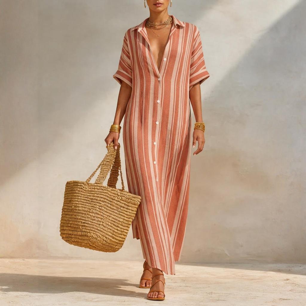 Ladies' Casual And Fashionable Loose Striped Shirt Dress