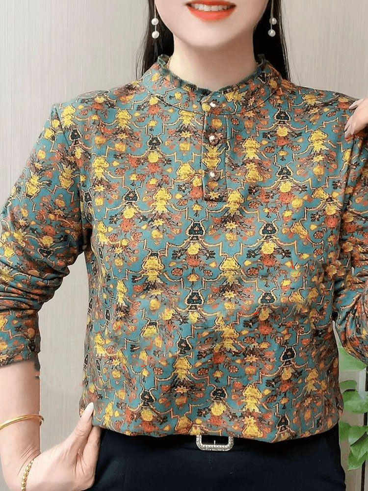 

Женская футболка с длинным рукавом с цветочным принтом, большого размера, с полувысоким воротником для мам - весна/осень M