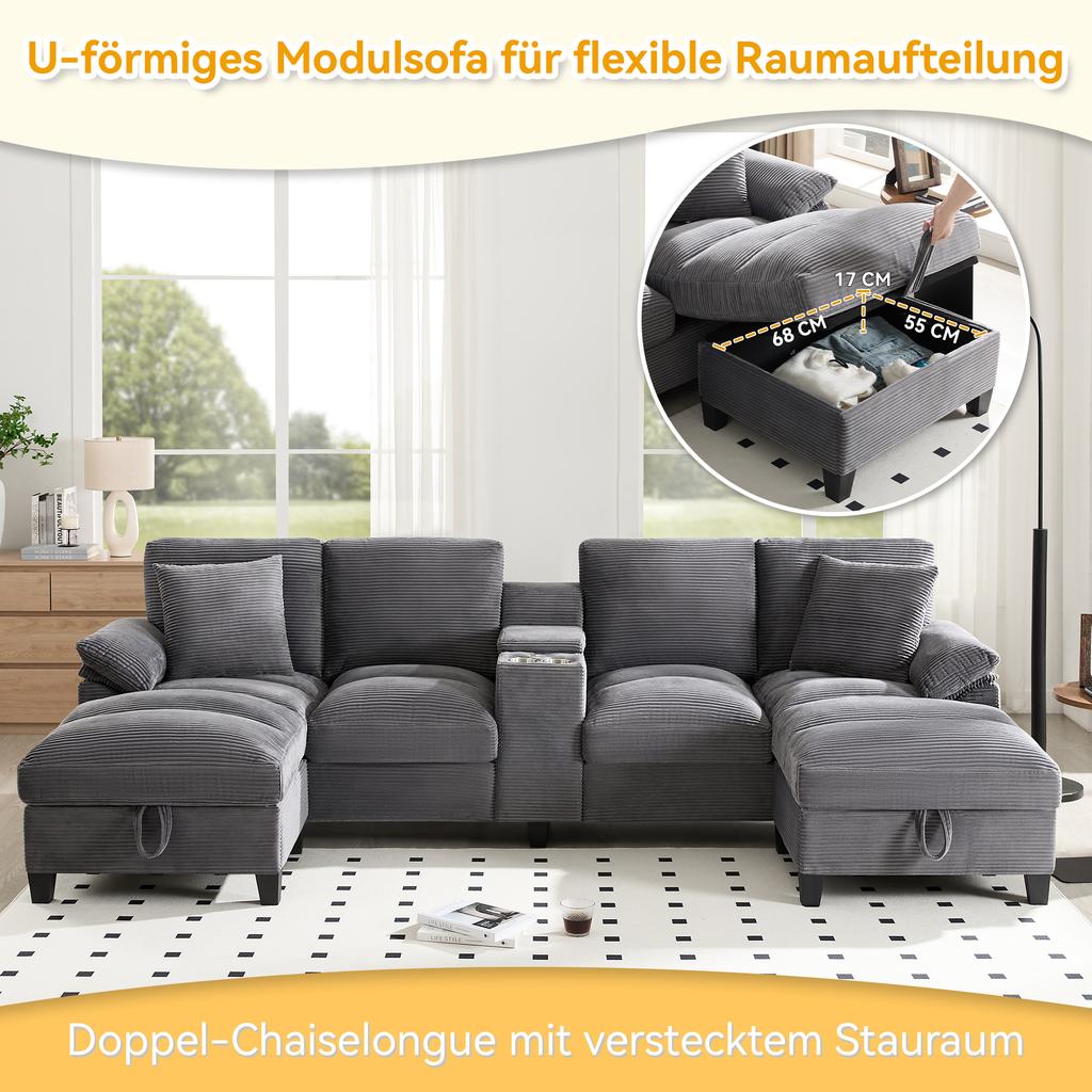 4-Seater Sofa in U-Shape with Storage, Corduroy Fabric, Stainless Steel Drink Holders and Two USB Ports, for Living Room, Bedroom and Apartments