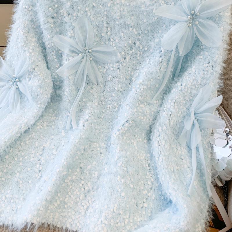 2026 Spring/Autumn V-neck Faux Mink Velvet Sweater - Women's French Design with Beaded Floral Accents