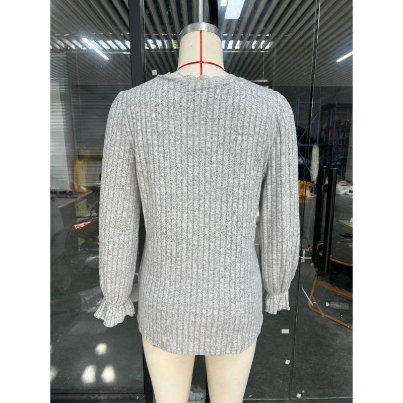 Graue Strickwaren Lose Frauen Pullover Pit Streifen Schleifen V-ausschnitt Spitze Langarm Pullover Einfarbig Casual Pendeln Basis Hemd Herbst Winter