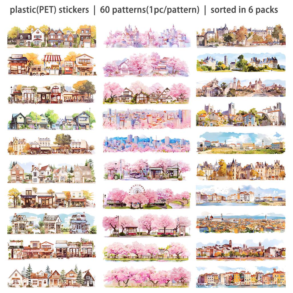 Watercolor Scrapbook Stickers Transparent PET Strips 55 x 180mm with Cherry and Ocean Decorative Stickers for and Card Making 6-Pack - Nature, City,