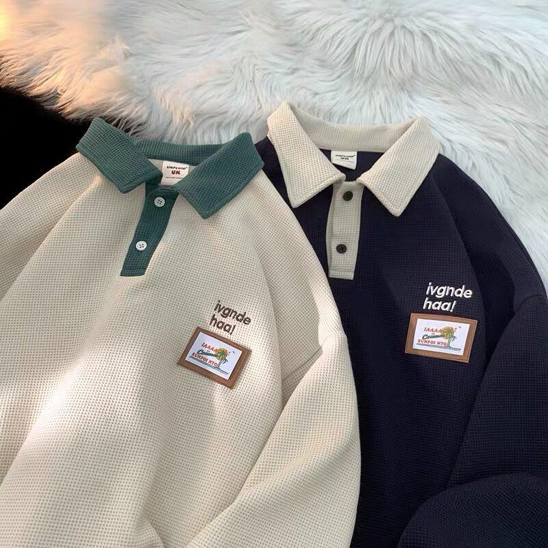 

Женский свитер с вафельным воротником-поло с вышивкой, 2023, ранняя осень, тонкий корейский вариант, свободный универсальный топ, модный Y2k