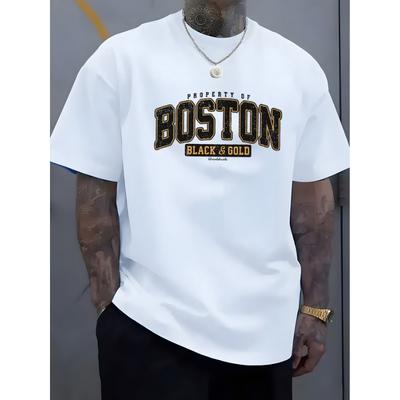 Men's Summer 100 Cotton Fashionable Casual Loose Plus Size BOSTON Pattern Printed Sports Round Neck Short Sleeved T-shirt Top