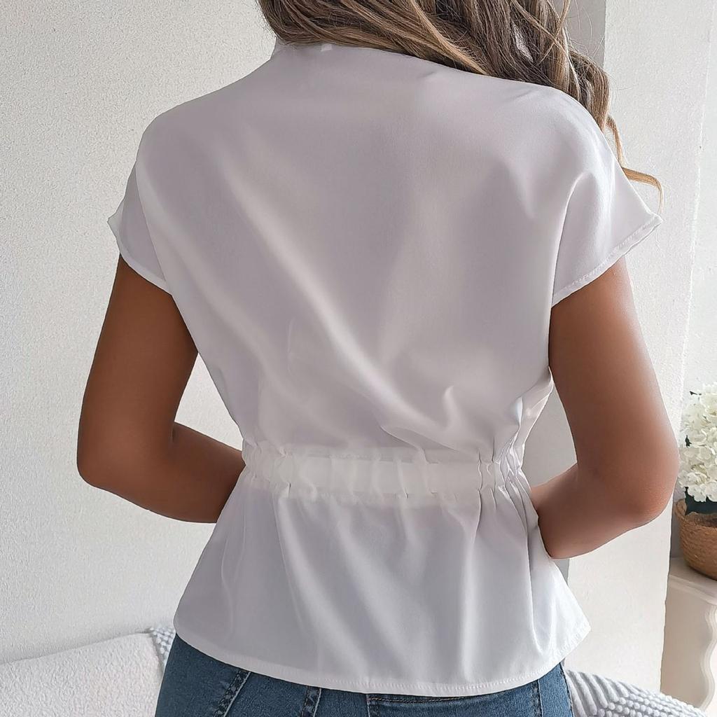 Women's Loose Casual Solid Color Button Drawstring Short Sleeved Shirt Top Short Sleeved Shirt Top