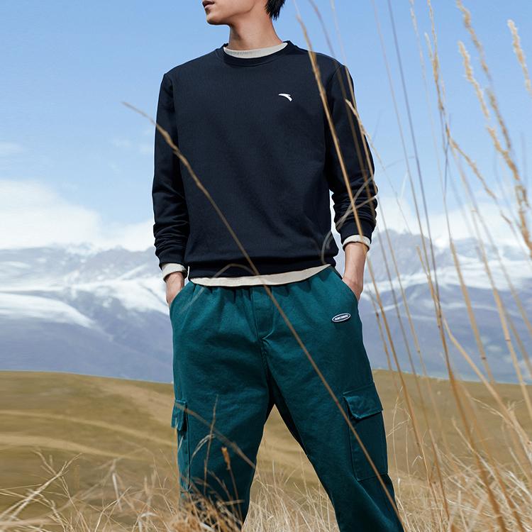 Anta Solid Color Logo Print Round Neck Pullover Casual Sweatshirt Men Tops Black 952147769-2