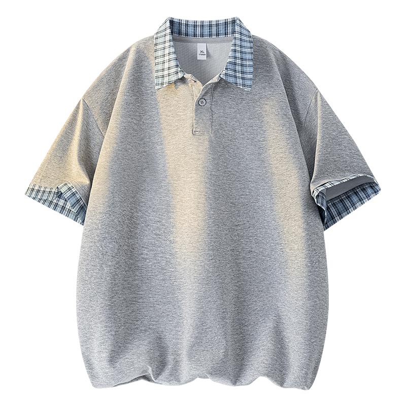 Plaid Splicing Short-sleeved POLO Shirt For Men In Summer Loose Couple Versatile Half-sleeved T-shirt