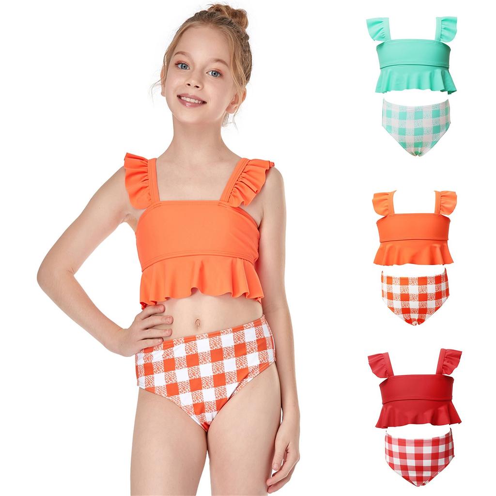 Summer Children's Swimsuit Plaid Split Shape Ruffled Cute Casual Girls Swimsuit