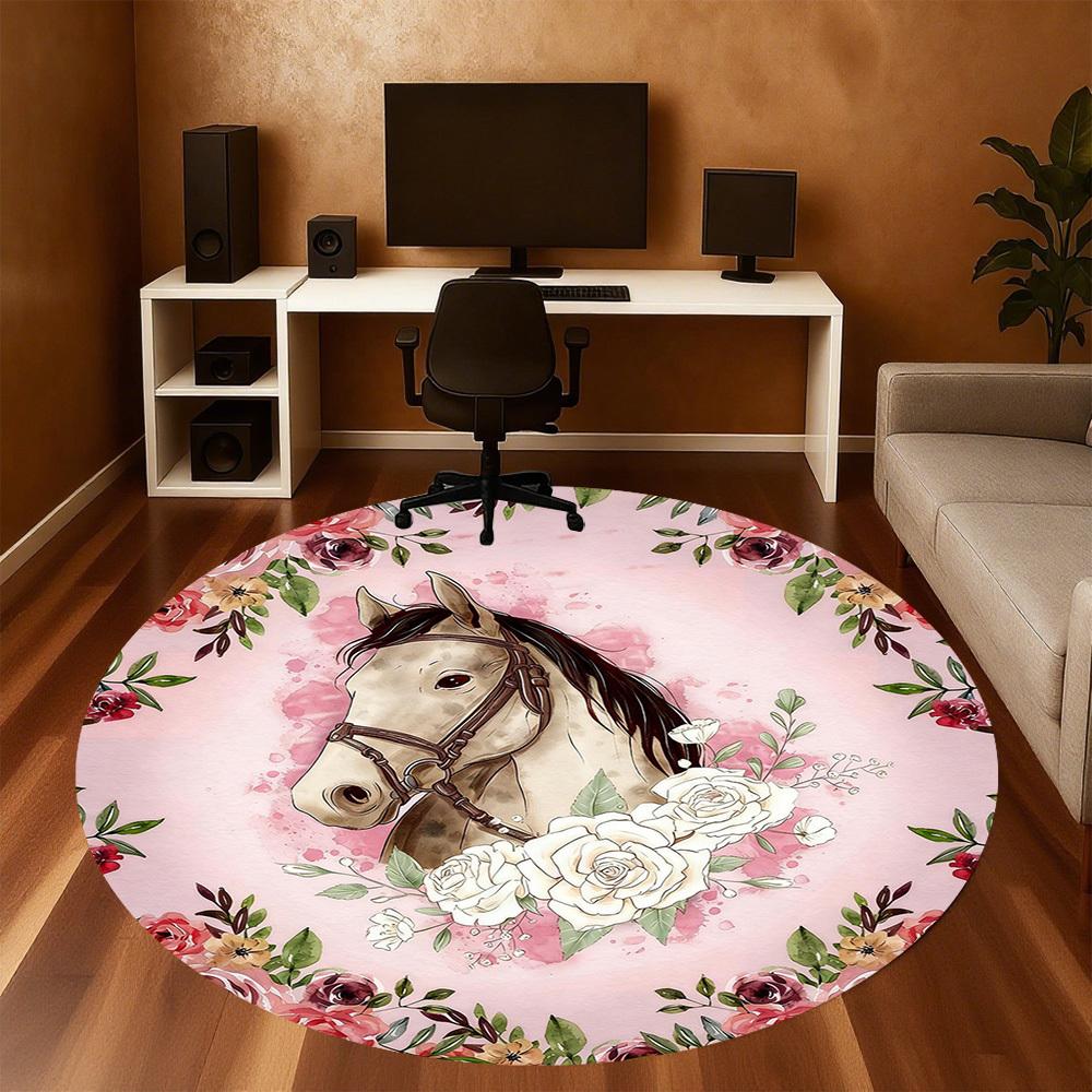 1pc Horse Floral Round Chair mat office Area Rug - Non-Slip, Floor Mat for Office, Bedroom, and Indoor Decor p127230