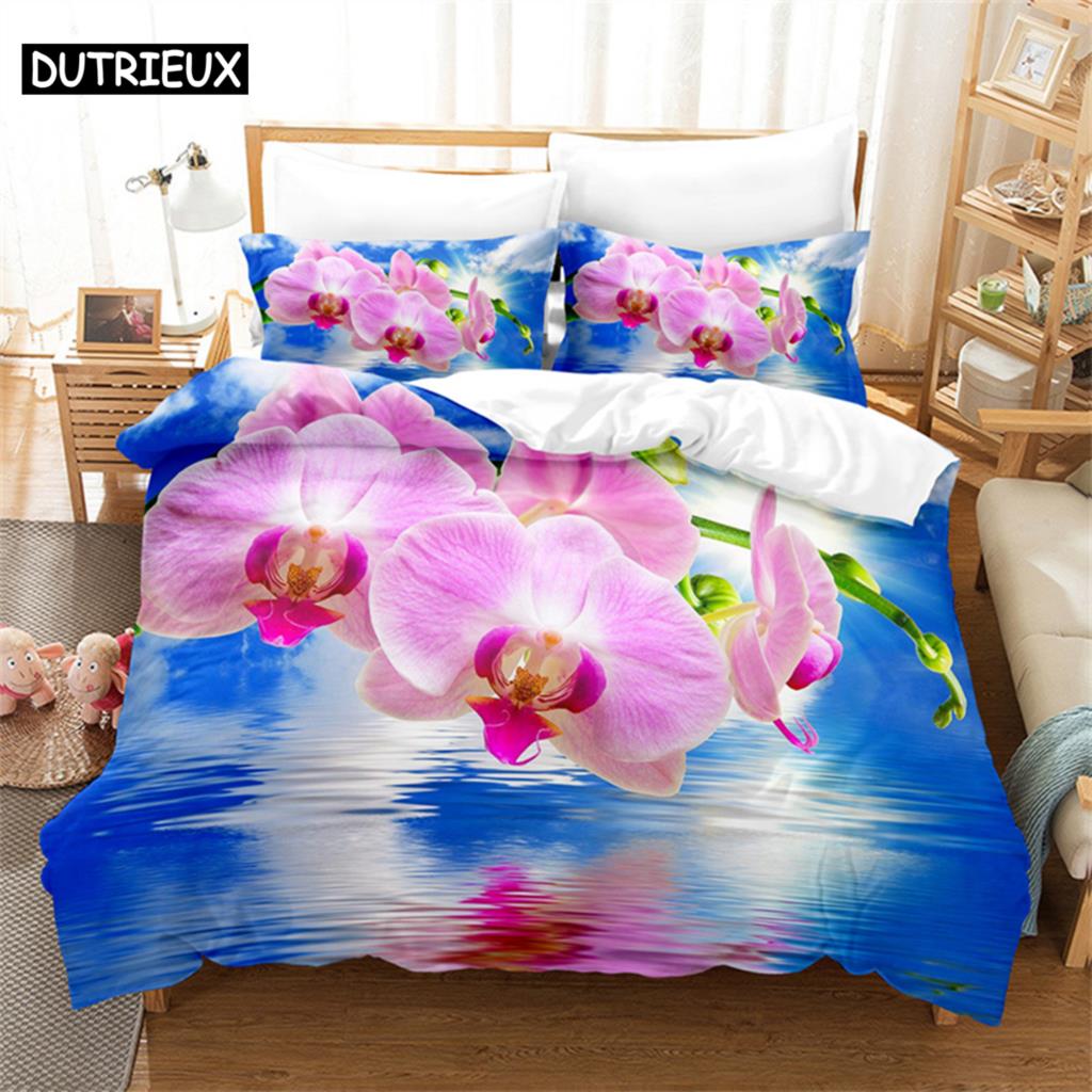 Flowers Green Leaves Queen Bedding Set Duvet Cover Bedroom Bed Set Comforter Cover Set King Size Duvet Cover Set Bedding Sets
