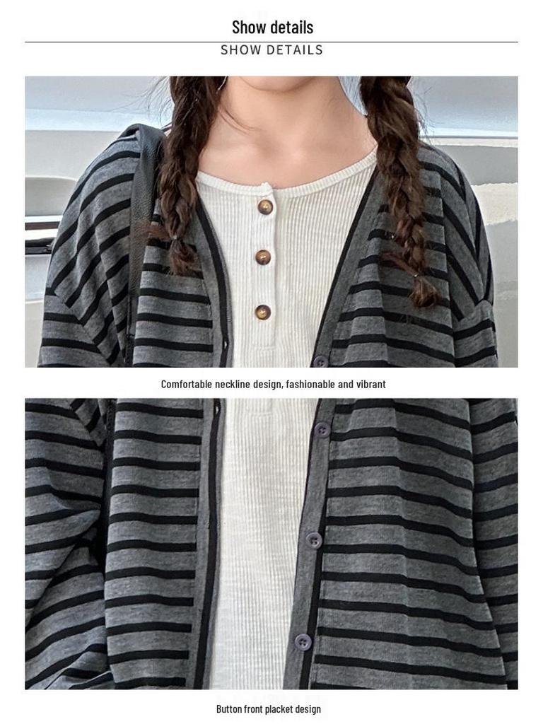 Mädchen 2025 Gestreiftes Cardigan-Set - Herbst/Frühling Koreanischer Stil 3-teiliges Outfit