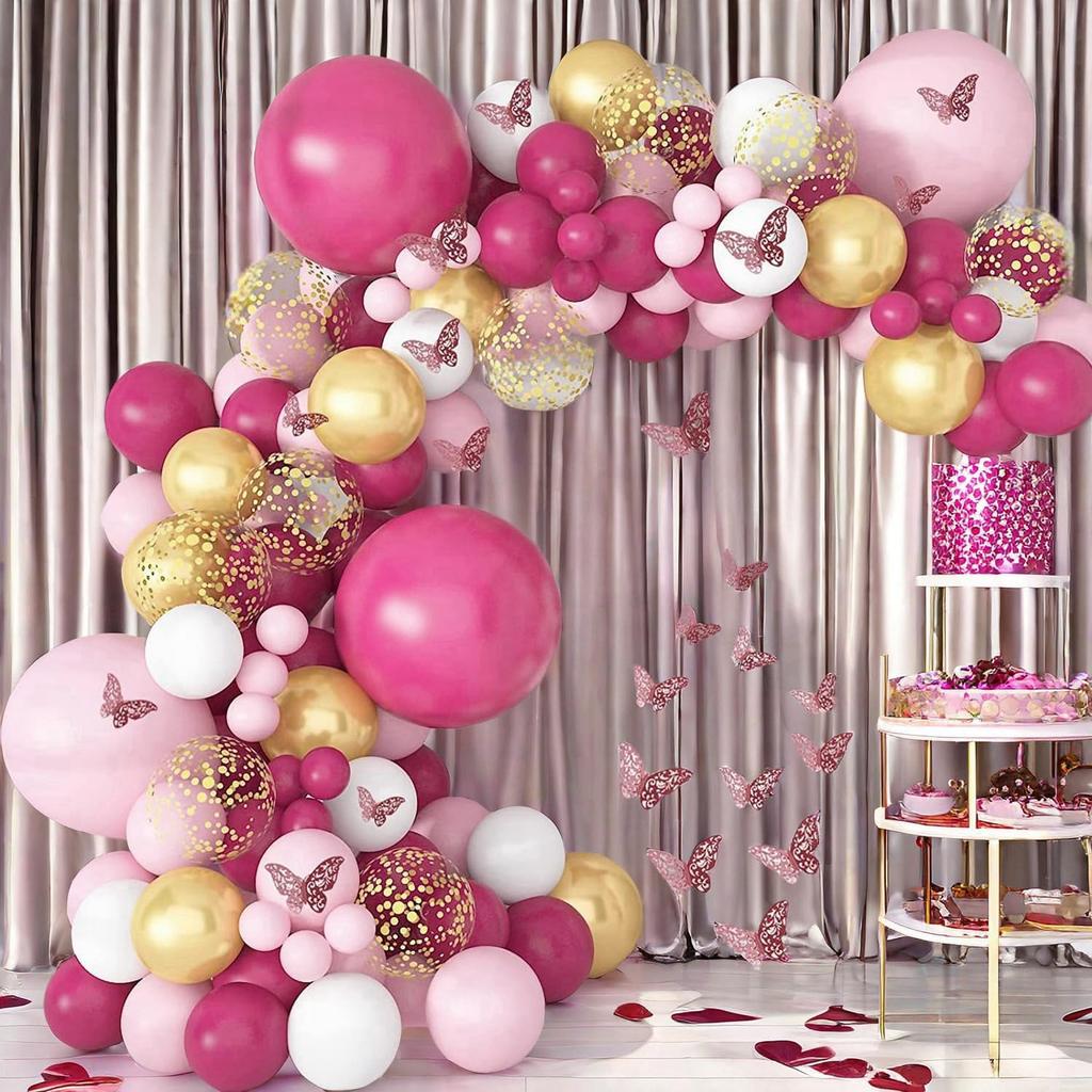 124PCS pink, gold, and white latex balloon set suitable for birthday parties, weddings, Valentine's Day parties, and decoration