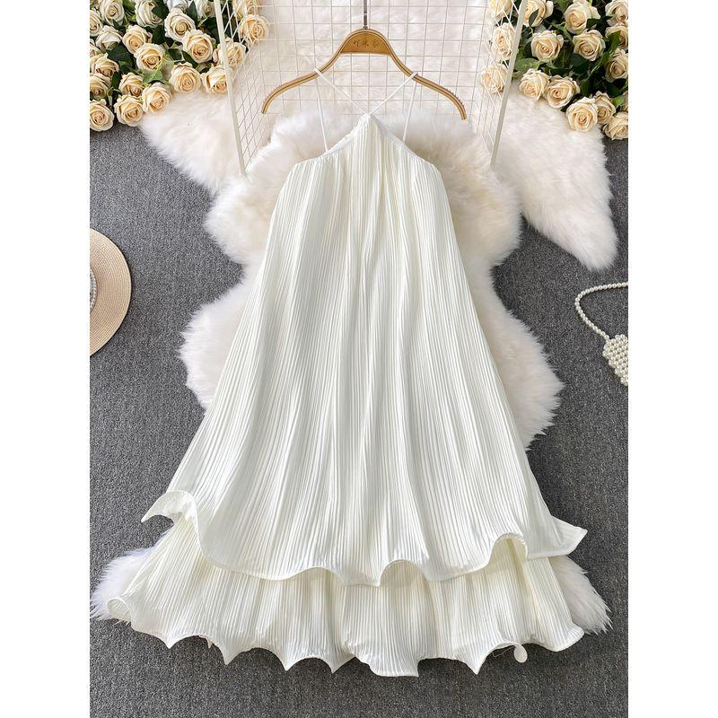 Seaside Holiday Style Sexy Backless Hanging Neck Sling One Piece Dress Women Clothing Summer Loose Slimming Puffy Cake Skirts