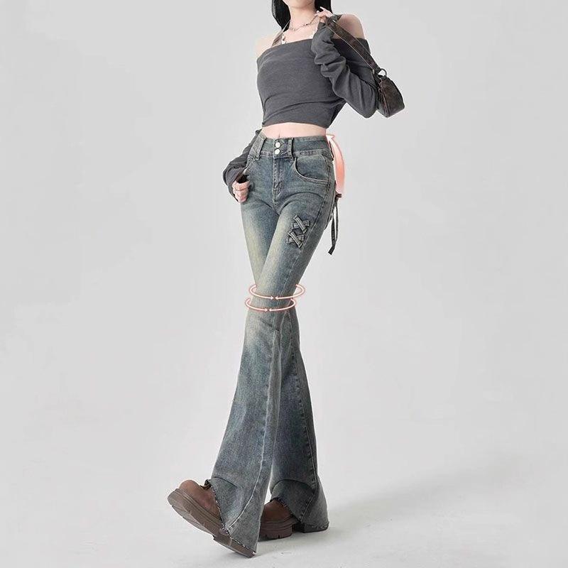 Comfortable Micro Flare Jeans Female Autumn Retro Blue High Waist Large Size Design Sense Niche Skinny Flare Trousers Jeans for Women Long Denim Pants