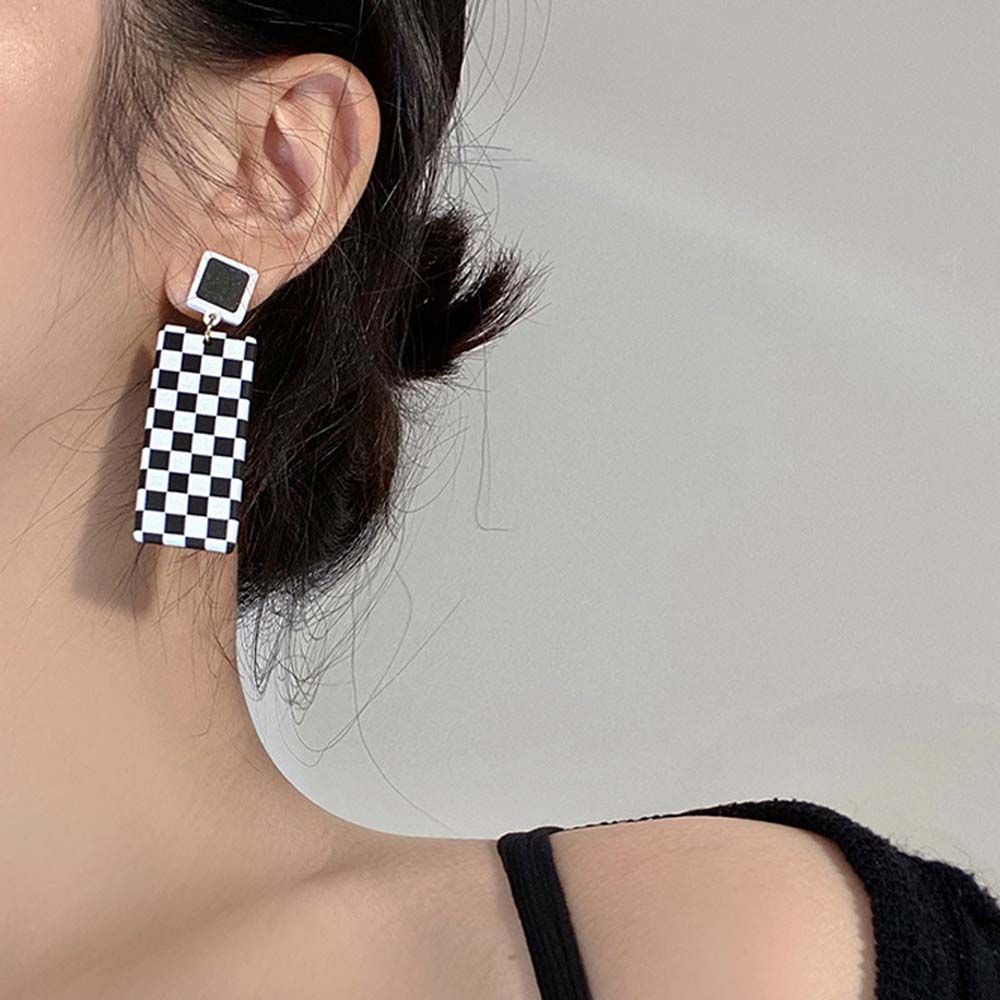 Korean Style Checkerboard Rectangle Women Earrings Dangle Earrings Ear Studs Checkerboard Earrings