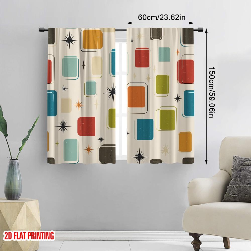 2pcs,2D plane printing Pattern Curtains Retro Squares Versatile 100% Polyester (without rod) Decorations For Home Use for