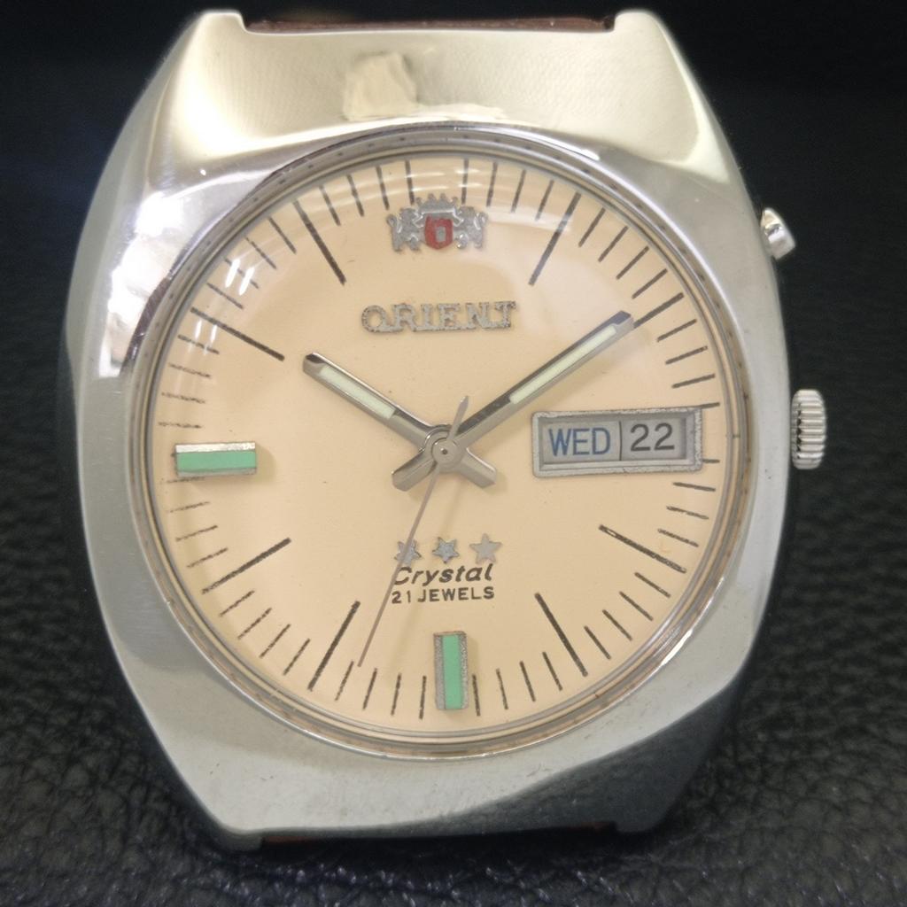 JAPAN VINTAGE ORIENT CRYSTAL AUTOMATIC 46943 MENS CREAM DIAL WATCH A703411-1 R213c-a703411