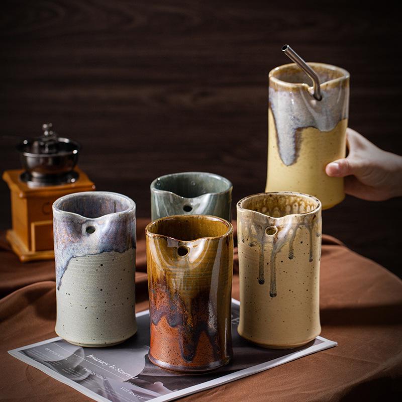 Nordic Creative Retro Ceramic Coffee Cup - Irregular Straight Cylinder Design, Coarse Pottery Finish, Straw Mug Style.