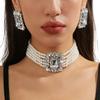 Trendy Geometric Shaped Colorful Crystal And Imitation Pearls Layering Necklace Earring Jewelry Set for Fashionistas