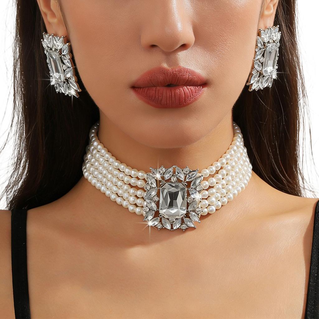 Trendy Geometric Shaped Colorful Crystal And Imitation Pearls Layering Necklace Earring Jewelry Set for Fashionistas
