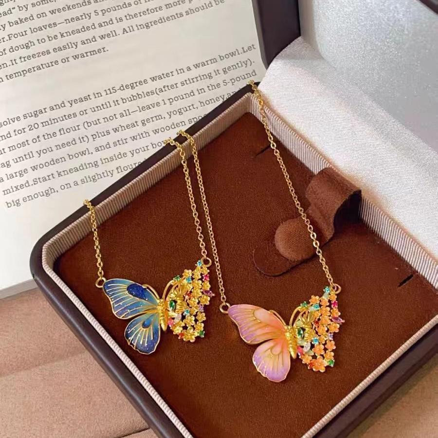 Blue-Fired Filigree Butterfly Pendant Necklace with Gold Enamel, Light Luxury Courtly Style.