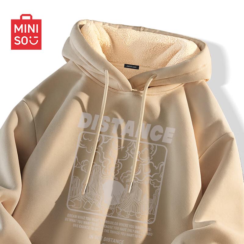 MINISO Men's American Retro Loose Fit Fleece Lined Hooded Sweatshirt