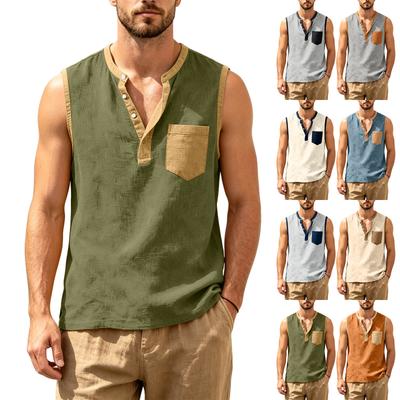 Camiseta sin mangas casual de verano para hombre, estilo Henley, ajuste holgado, con bolsillo en el pecho, chaleco ligero para la playa