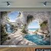 2D Beach Waterfall Cave Photography Background for Vacation Decor