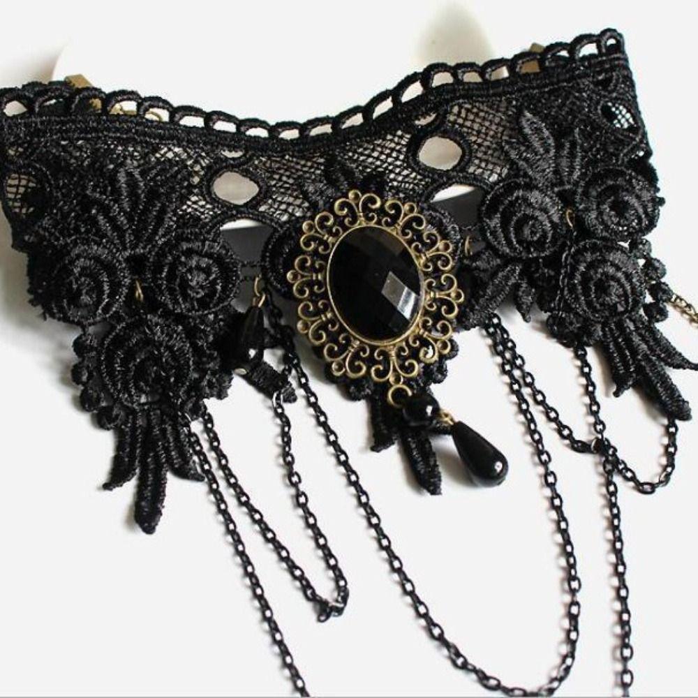 Steampunk Gothic Necklace Vintage Tassel Punk Retro Necklace Black Lace Choker Jewelry Gift