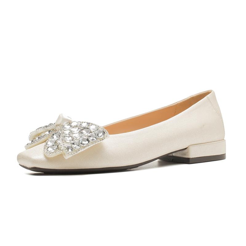 H263-5 Large Rhinestone Bow Square Head Women's Shoes Flat Sole One Pedal Casual Women's Shoes Satin Soft Sole Single Shoes Women