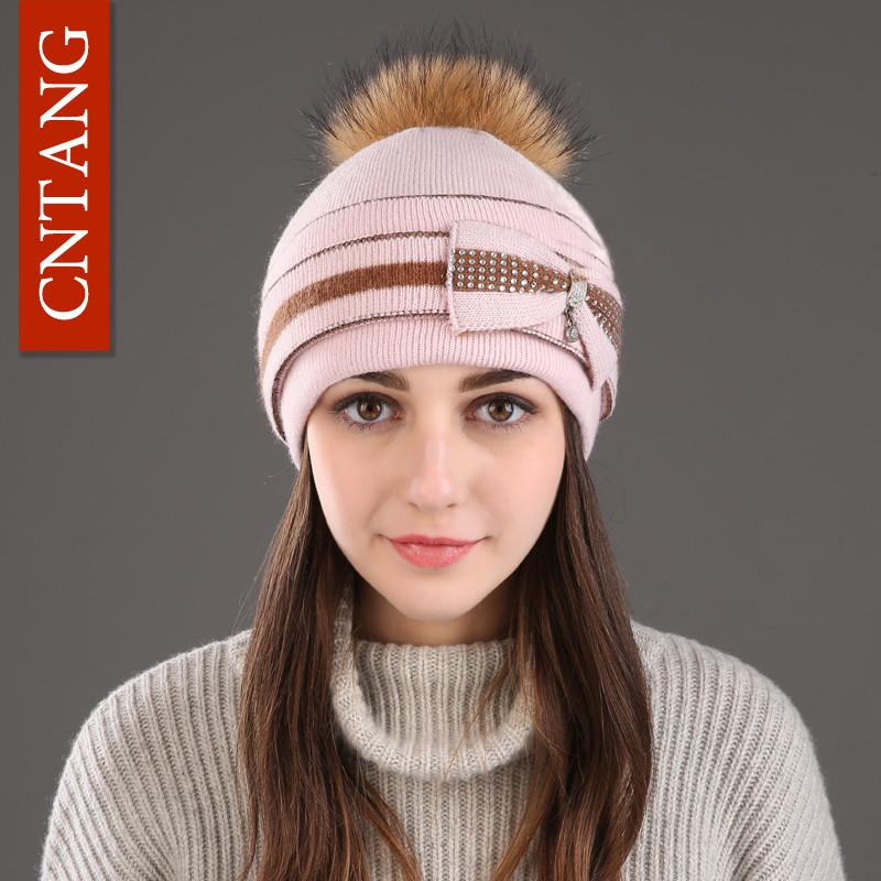 Classic Multiple Styles Women Beanie Winter Warm Fashion Raccoon Fur Pompom Hats Knitted Wool Cap Clearance Cheap High Quality