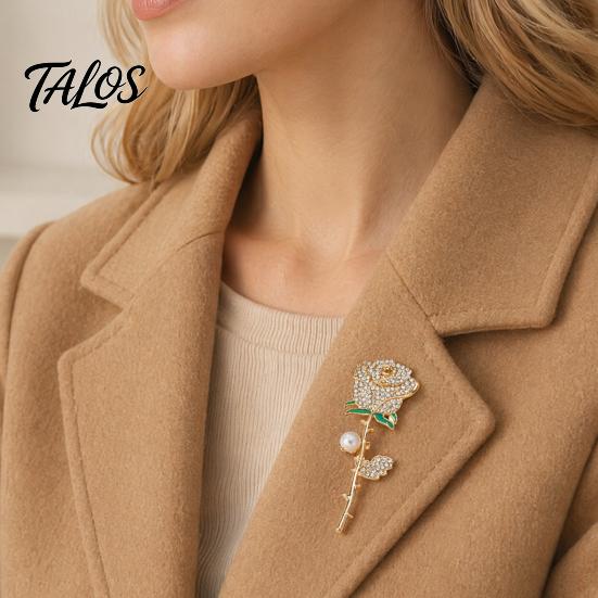 Sturdy Rose Pin Rhinestone Brooch with Pearl Decor, Strong Buckle Pin, Electroplated Alloy Elegant Flower Shape for Coats Shirts Bags Accessories