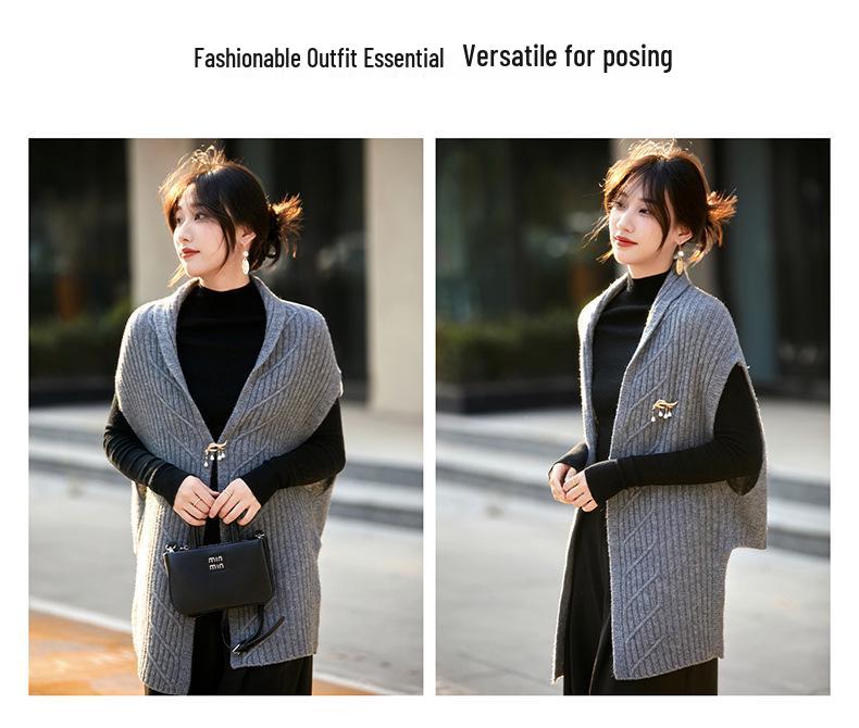 Women's Thickened Wool Knit V-neck Cardigan Vest - Pure Wool, Loose Outerwear Sweater for Autumn/Winter
